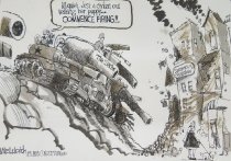 'All quiet. Just a civilian out walking her puppy...Commence Firing!!...'